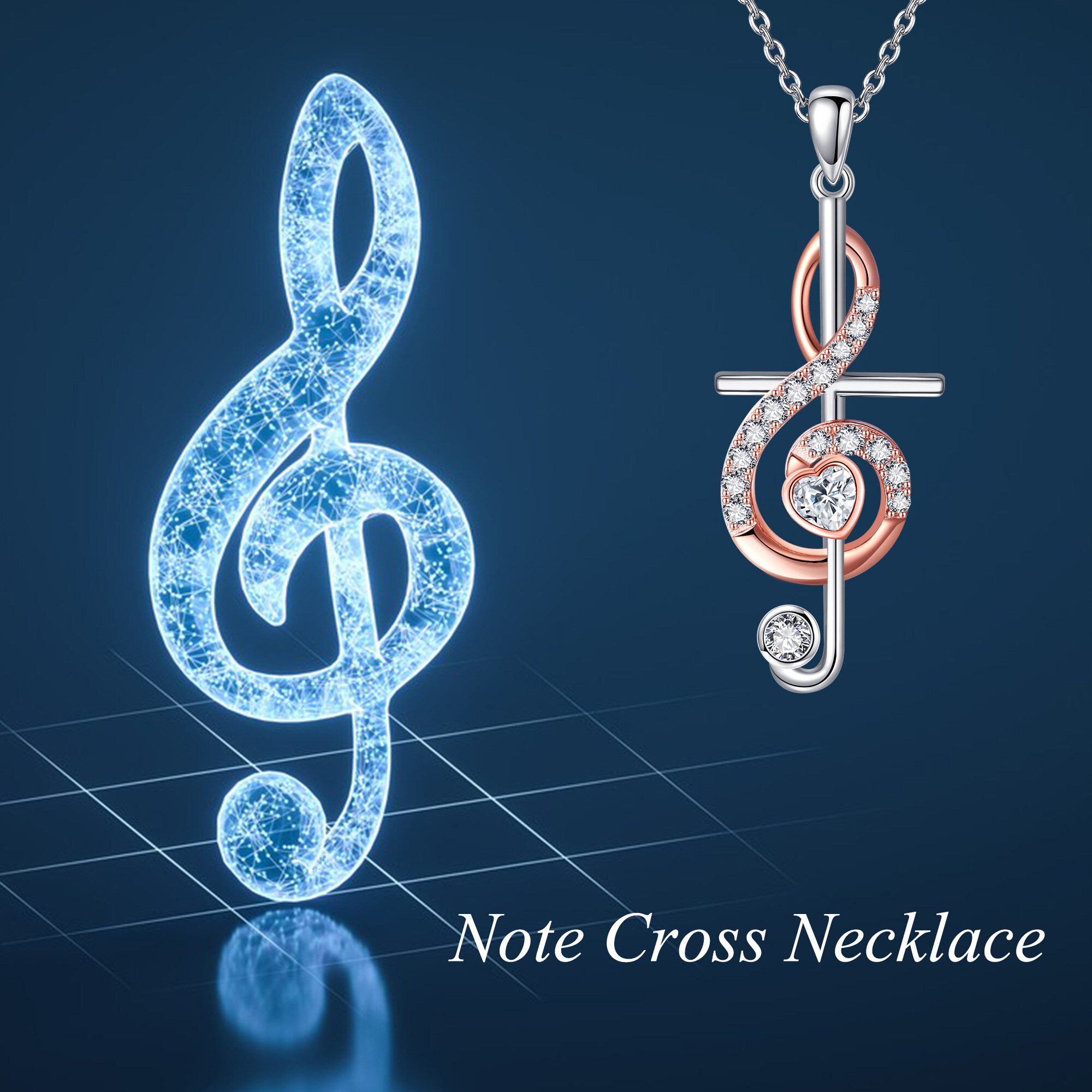 925 Sterling Silver Music Note Cross Pendant Necklace
